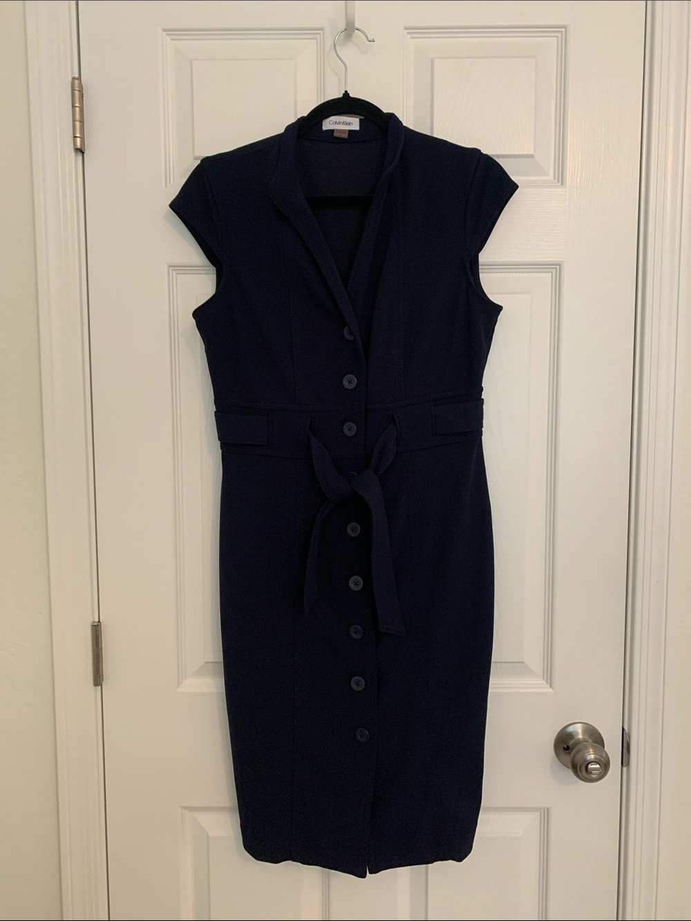 Calvin Klein Navy Button-Front Belted Midi Dress